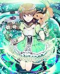 2012 ;d black_footwear black_legwear braid brown_hair cake dog dress food frilled_dress frills green_dress head_wreath kyousin lily_pad lord_of_knights official_art one_eye_closed open_mouth original ponytail purple_eyes shoes smile solo 