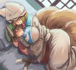  animal_ears backlighting bedroom between_breasts blonde_hair blush breasts brown_eyes cat_ears chanta_(ayatakaoisii) chen fox_tail green_hat hand_in_another's_hair happy hat heavy_breathing holding huge_breasts indoors long_sleeves motherly multiple_girls multiple_tails perspective pillow pillow_hat red_skirt red_vest shirt short_hair size_difference skirt sleeping sliding_doors sweat tail thick_thighs thighs touhou two_tails vest white_shirt wide_sleeves yakumo_ran 