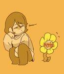  blush chara_(undertale) flower flowey_(undertale) hand_on_own_face mamaito naughty_face shirt spoilers squatting striped striped_shirt undertale you_gonna_get_raped 