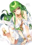  all_fours anklet bangle barefoot blush bracelet breast_squeeze breasts c.c. code_geass creayus duplicate green_hair harem_outfit jewelry long_hair medium_breasts see-through solo 