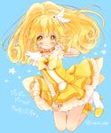 :t bare_legs blonde_hair blue_background bow brooch character_name choker cure_peace curly_hair frills full_body hair_flaps heart heart_in_eye highres jewelry kise_yayoi kneeling long_hair magical_girl pika_pika_pikarin_jankenpon pout precure shoes skirt smile_precure! solo star symbol_in_eye twitter_username uzuki_aki v white_footwear wrist_cuffs yellow_bow yellow_eyes yellow_skirt 