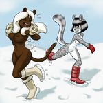  action anthro big_breasts black_hair blonde_hair boots breasts brown_eyes brown_fur brown_nipples carelessdoodler clothing duo eyes_closed featureless_crotch feline female footwear fur gloves grin hair leopard mammal mostly_nude navel nipples open_mouth smile snow snow_leopard unknown_species 