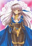  black_gloves bodysuit bracelet breasts cleavage fire_emblem fire_emblem:_akatsuki_no_megami gloves hair_ribbon half_updo jewelry light_smile long_hair medium_breasts micaiah ribbon silver_hair solo tegaki_no_yuu yellow_eyes 