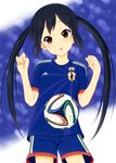  2014_fifa_world_cup absurdres bad_id bad_pixiv_id black_hair brazuca brown_eyes highres hiro9779 japan japanese_flag k-on! long_hair looking_at_viewer nakano_azusa open_mouth soccer soccer_uniform solo sportswear twintails world_cup 