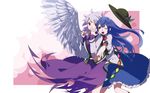  angel_wings blue_hair dress food fruit hat hinanawi_tenshi jacket kishin_sagume long_hair long_sleeves multiple_girls namauni one_eye_closed open_clothes open_jacket open_mouth peach puffy_short_sleeves puffy_sleeves purple_dress red_eyes shirt short_hair short_sleeves silver_hair single_wing skirt smile touhou very_long_hair wings 