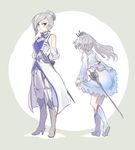  blue_eyes boots curtsey facial_scar hair_bun high_heel_boots high_heels highres iesupa multiple_girls myrtenaster rapier rwby scar siblings side_ponytail silver_hair sisters sword weapon weiss_schnee winter_schnee 