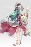  armor athena_(p&amp;d) bare_legs barefoot breastplate character_name closed_eyes colored_eyelashes dress from_behind green_hair grey_background helmet highres long_hair polearm profile puzzle_&amp;_dragons shield simple_background solo spear tennohi tiptoes vambraces weapon 