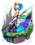  armor armored_dress bare_shoulders blue_eyes choker crown dress feathers gwendolyn hair_feathers hair_ornament hong_(white_spider) looking_at_viewer multicolored multicolored_wings odin_sphere polearm seiza short_hair sitting smile solo spear strapless strapless_dress thighhighs weapon white_hair wings 
