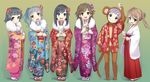  :d alternate_costume animal_costume animal_ears arare_(kantai_collection) arashio_(kantai_collection) asashio_(kantai_collection) bangs black_eyes black_hair blush brown_eyes closed_mouth commentary_request d: double_bun envelope fake_animal_ears floral_print flower full_body fur_collar fur_trim furisode gradient gradient_background hair_flower hair_ornament hakama hanten_(clothes) head_tilt highres holding japanese_clothes kantai_collection karashi_(tou_gara_shi) kasumi_(kantai_collection) kimono legs_apart lineup long_hair long_sleeves looking_at_viewer michishio_(kantai_collection) miko monkey_costume monkey_tail multiple_girls new_year obi ooshio_(kantai_collection) open_mouth otoshidama print_kimono purple_hair red_hakama sandals sash side_ponytail smile standing swept_bangs swirl tabi tail twintails v-shaped_eyebrows 