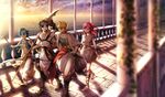  2girls aladdin_(magi) ali_baba_saluja ashita_(sooott) bad_id bad_pixiv_id baggy_pants barefoot blonde_hair blue_hair bridge dress feet magi_the_labyrinth_of_magic morgiana multiple_boys multiple_girls naginata pants polearm red_hair ren_hakuryuu sarashi smile sunset sword walking weapon white_dress 