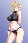  arm_behind_back bangs bare_shoulders black_panties blonde_hair blue_background blue_eyes breasts contrapposto cowboy_shot gradient gradient_background hair_between_eyes hair_tie halterneck hand_on_own_arm hand_on_own_thigh high_ponytail highres holding_arm impossible_clothes large_breasts legs_apart lips long_hair looking_away looking_down looking_to_the_side metroid navel panties parted_bangs ponytail samus_aran sidelocks solo sports_bra standing super_metroid tamamon thighs turtleneck underwear underwear_only wristband 