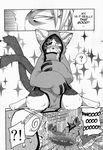  anthro black_and_white blazblue blush canine cat censored claws clothing comic convenient_censorship duo eye_patch eyewear feline hair harusuke hi_res human japanese japanese_text jubei male mammal monochrome open_mouth sweat text translated valkenhayn_r._hellsing video_games 