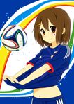  2014_fifa_world_cup absurdres bad_id bad_pixiv_id blush brazuca brown_eyes brown_hair highres hirasawa_yui hiro9779 japan japanese_flag k-on! looking_at_viewer navel smile soccer solo world_cup 