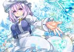  hat juliet_sleeves lavender_hair letty_whiterock long_sleeves looking_at_viewer mob_cap outstretched_arms pink_eyes puffy_sleeves sash shirt skirt smile solo touhou umigarasu_(kitsune1963) 