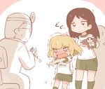  2girls :o blonde_hair blush brown_hair chair cheburashka clothes_writing commentary_request doctor full-face_blush girls_und_panzer gym_shorts gym_uniform hand_on_another's_head hanomido katyusha long_hair multiple_girls needle_phobia nonna open_mouth outstretched_arm petting short_hair shorts stuffed_monkey sweat syringe trembling v-shaped_eyebrows 