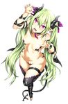  arizuka_(catacombe) black_legwear borrowed_character breasts chain collar demon_girl earrings foreshortening green_hair highres horns jewelry leg_up long_hair low_wings medium_breasts navel open_mouth original pasties pointy_ears purple_eyes ryisu_(deluxe&lt;&lt;&lt;) simple_background solo tail thighhighs toeless_legwear very_long_hair white_background wings 