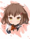  :t brown_eyes brown_hair chocolate commentary_request foreshortening from_above hair_ornament hairclip highres ikazuchi_(kantai_collection) kantai_collection looking_at_viewer looking_up maromi_gou neckerchief school_uniform serafuku short_hair solo translation_request 
