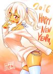  2016 blonde_hair damu_ningen happy_new_year highres new_year off_shoulder original panties red_eyes ribbed_sweater scrunchie short_twintails side-tie_panties skindentation solo sweater tan thighhighs twintails underwear 