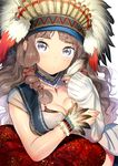  :o blue_eyes blush breasts brown_hair cleavage closed_mouth collarbone eyebrows eyelashes feathers hair_ribbon headdress holding jacket jewelry long_hair looking_at_viewer medium_breasts native_american_headdress necklace ogino_atsuki original ribbon see-through short_sleeves silver_eyes simple_background sleeves_past_wrists solo tress_ribbon upper_body white_background wrist_cuffs 