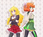  ahoge blonde_hair green_eyes highres iesupa multiple_girls orange_hair penny_polendina purple_eyes rwby school_uniform skirt smile thighhighs yang_xiao_long 