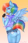  2016 anthro anthrofied cheezayballz clothed clothing denim_shorts equine feathered_wings feathers female fingerless_gloves friendship_is_magic gloves hair hi_res mammal multicolored_hair my_little_pony pegasus rainbow_dash_(mlp) rainbow_hair shorts solo tongue tongue_out wings 