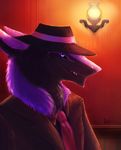  black_fur fangs fur grin lamp light lootz male necktie pickledjamnugget purple_eyes purple_fur sergal solo suit 