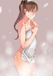  ass ayanami_(kantai_collection) blush brown_eyes brown_hair covering kantai_collection kunifuto nude_cover ponytail solo steam towel 