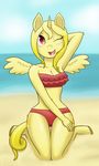  2016 anthro beach bikini blush breasts clothed clothing cute cutie_mark digital_media_(artwork) equine fan_character female friendship_is_magic fur hair hooves horn horse looking_at_viewer mammal mane my_little_pony open_mouth outside pony red_eyes riisuu seaside smile solo swimsuit water winged_unicorn wings 