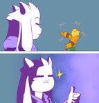  asriel_dreemurr clothing comic eyes_closed fatz_geronimo horn monster_kid protagonist_(undertale) simple_background smile thumbs_up undertale video_games 