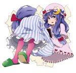  absurdres book full_body hat highres long_hair pantyhose patchouli_knowledge pink_legwear purple_eyes purple_hair slippers solo takanashi_ringo touhou transparent_background 