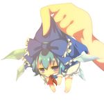  bad_id bad_pixiv_id barefoot bloomers blue_bow blue_dress blue_eyes blue_hair bow chibi cirno cravat dress frills full_body hair_between_eyes hair_bow half-closed_eyes hands holding ice ice_wings minigirl out_of_frame picking_up rarami red_ribbon ribbon short_sleeves simple_background solo_focus touhou underwear white_background wings 