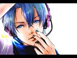 and_(abimaru) blue_eyes blue_hair blue_nails blue_scarf face hands headphones headset highres kaito lips male_focus migikata_no_chou_(vocaloid) nail_polish portrait scarf solo vocaloid 