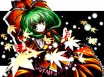  bad_id bad_pixiv_id bow breasts cleavage dress frills front_ponytail green_eyes green_hair hair_ribbon kagiyama_hina laces leaf maple_leaf medium_breasts orb ribbon shinhoya smile solo touhou 