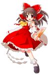  bad_id bad_pixiv_id bow brown_hair detached_sleeves full_body gohei hair_bow hakurei_reimu highres long_hair open_mouth red_eyes ribbon smile solo spell_card touhou transparent_background yumigon 