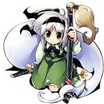  black_hairband blue_eyes flower ghost hairband highres katana kneeling konpaku_youmu konpaku_youmu_(ghost) nanaroku_(fortress76) short_hair silver_hair smile solo sword touhou transparent_background weapon 