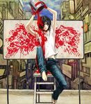  arms_up barefoot black_hair can denim drawn_wings fake_wings feet jeans male_focus original paint pants red_eyes routemoc shirt solo t-shirt unbuttoned unzipped wings 