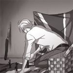  1boy america_(hetalia) axis_powers_hetalia flag gun indoors lowres male male_focus monochrome solo weapon 