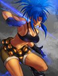  belt blue_hair breasts cleavage earrings gloves jewelry large_breasts leona_heidern midriff ookami_(pixiv27280) ponytail shorts sideboob solo the_king_of_fighters thighs 