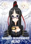  akiyama_mio bayonetta bayonetta_(character) bayonetta_(character)_(cosplay) black_hair blue_eyes breasts cleavage cleavage_cutout cosplay eunos glasses happy_birthday k-on! kotobuki_tsumugi large_breasts md5_mismatch parody 