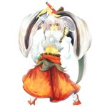  animal_ears breasts detached_sleeves full_body geta hat highres inubashiri_momiji large_breasts muso-comet navel red_eyes short_hair solo tengu-geta tokin_hat touhou transparent_background white_hair wolf_ears 