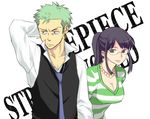  1girl black_hair breasts dress earrings formal glasses green_hair jewelry long_hair medium_breasts necklace nico_robin one_piece one_piece:_strong_world ponytail roronoa_zoro sacchin_(yama) short_hair suit sweater sweater_dress 