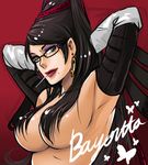  armpits arms_behind_head arms_up bad_id bad_pixiv_id bayonetta bayonetta_(character) black_hair breasts bug butterfly candy earrings elbow_gloves eyeshadow food glasses gloves green_eyes hair_bun hair_censor hair_over_breasts hair_ribbon insect jewelry large_breasts lipstick lollipop long_hair makeup mascara mole mole_under_mouth ribbon simple_background solo topless vamp_7 