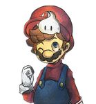  ;( blue_eyes blue_overalls brown_hair chiko_(mario) facial_hair gloves hat kayako_(bimabima) lowres male_focus mario mario_(series) mustache one_eye_closed overalls red_hat red_shirt shirt single_letter solo super_mario_bros. super_mario_galaxy toon upper_body white_gloves 