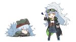  =_= aek-999_(girls_frontline) big_hair black_coat blue_footwear blue_hair blue_skirt boots chibi closed_eyes coat d: g11_(girls_frontline) ganesagi girls_frontline goggles goggles_on_head grey_legwear hand_up hat long_hair long_sleeves multiple_girls open_clothes open_coat open_mouth pantyhose plaid pleated_skirt pouch simple_background skirt sleeping squiggle standing sweatdrop white_background yellow_eyes 