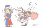  &gt;_&lt; animal_ears black_hair bunny_ears chibi closed_eyes glomp hug inaba_tewi long_hair lowres multiple_girls myama purple_hair reisen_udongein_inaba short_hair silver_hair touhou yagokoro_eirin 