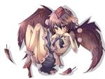  black_hair black_wings blush brown_eyes feathers fuabio full_body geta hat highres looking_at_viewer ribbon shameimaru_aya shoes short_hair single_shoe skirt solo tengu-geta tokin_hat touhou transparent_background wings 