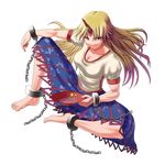  akimichi alcohol ankle_cuffs barefoot blonde_hair breasts chain cleavage cuffs cup feet from_above full_body highres horn hoshiguma_yuugi large_breasts long_hair muscle red_eyes sakazuki sake skirt smile solo star toes touhou transparent_background 