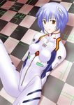  arms_behind_back ayanami_rei bangs blue_hair bodysuit breasts checkered checkered_floor cowboy_shot dutch_angle expressionless from_above hair_ornament leg_up looking_at_viewer lying neon_genesis_evangelion number on_back on_floor pale_skin pilot_suit plugsuit red_eyes short_hair skinny small_breasts solo turtleneck white_bodysuit yuuki-nyan 