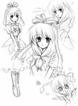  @_@ boots bow cross-laced_footwear dress frills front_ponytail greyscale hair_ribbon kagiyama_hina lace-up_boots laces monochrome open_mouth ribbon sketch smile stitches touhou zi_ying 