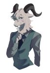  1boy arm_at_side beastars black_neckwear blue_eyes goat hand_up highres horns index_finger_raised kuroha_dayo looking_at_viewer pina_(beastars) simple_background upper_body vest white_background 